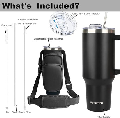 40oz Stainless Steel Double Vacuum Tumbler with Handle, Straw Lid, Carrier Bag, Purse Pouch Phone Pocket, Gym Water Bottle Travel Mug and Sleeve Holder for Men Women (Pink/Rose)