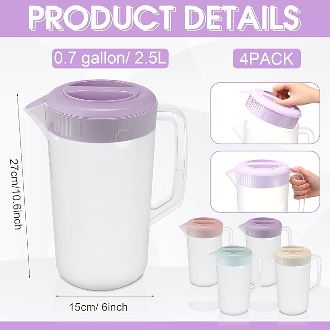 Uiifan 4 Pcs Plastic Water Pitcher with Lid,Spout and Handle Plastic Juice Pitcher Tea Beverages for Fridge Water Carafe Jug for Lemonade Milk Cold Drink Home Daily Party(Multicolor,1 Gallon) - Image 2