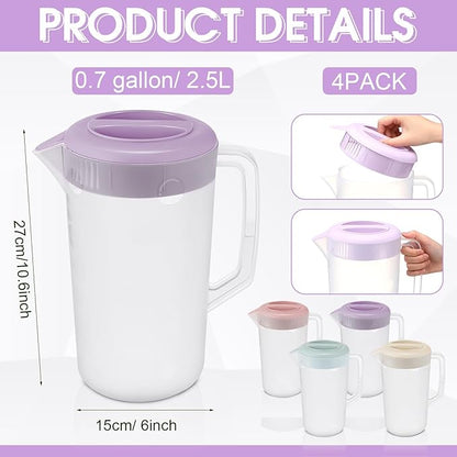 Uiifan 4 Pcs Plastic Water Pitcher with Lid,Spout and Handle Plastic Juice Pitcher Tea Beverages for Fridge Water Carafe Jug for Lemonade Milk Cold Drink Home Daily Party(Multicolor,1 Gallon) - Image 2