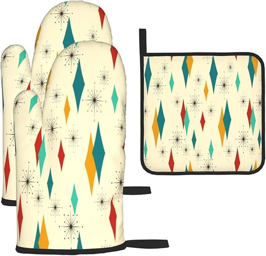 Mid Century Modern Oven Mitts and Pot Holders Set Heat Resistant Non Slip Set of 3 Retro Decor Kitchen Gloves Hot Pads for Cooking BBQ Baking Grilling by Unknown