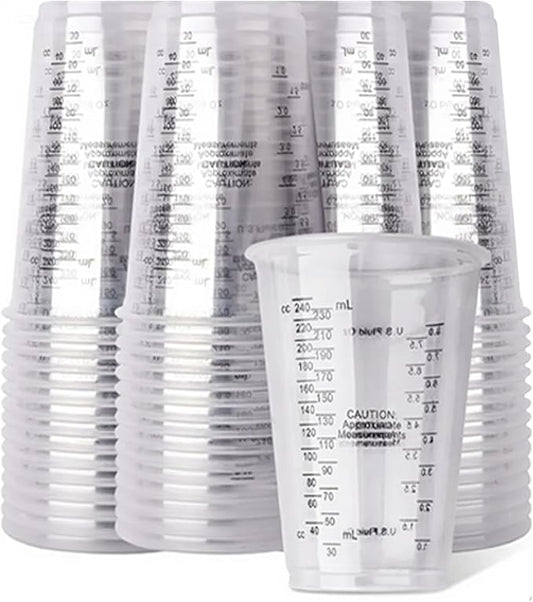Clear Plastic Measuring Cups, 8oz Graduated Disposable and Reusable Mixing Cups for Resin, Paint, Stain, Cooking, Baking, and Crafts (50 Pack)