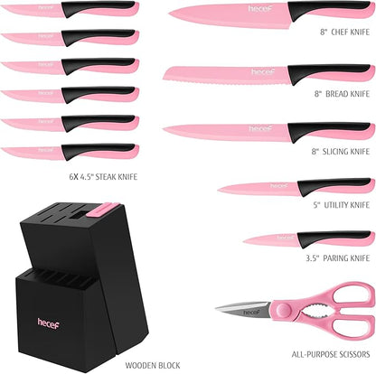 hecef 13 Pieces Kitchen Knife Set with Built-in Sharpening Wooden Block, Dishwasher Safe, High Carbon Stainless Steel Knife Block Set with Steak Knives, Kitchen Scissors, Pink