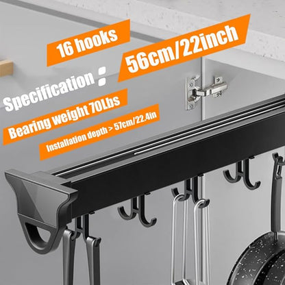 Pull Out Pot Rack, 22" Pull Out Pots and Pans Organizer with 16 Hook, Aluminum Alloy Hanging Pot Rack, Expandable Utility Rack, Sliding Under Cabinet Organization for Kitchen, Cabinet, Closet