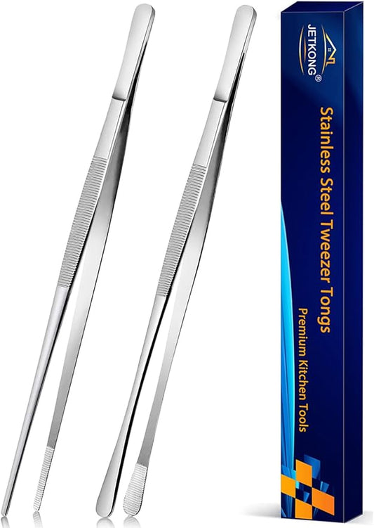 JETKONG 2 Pcs 12-Inch Cooking Tweezers Stainless Steel, Straight Food Tweezers, Professional Kitchen Tweezer/Forceps for Cooking Repairing and BBQ (12-Inch, Silver) by JETKONG