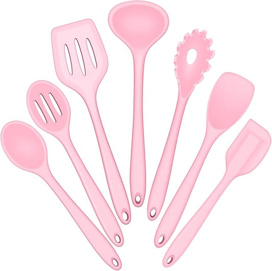 E-far Silicone Cooking Utensils Set, 7-Piece Pink Heat Resistant Kitchen Utensils Set, Kitchen Nonstick Tools Spatula Ladle Spoon Pasta Server for Non-stick Cookware, Non-Toxic & Dishwasher safe by E-far