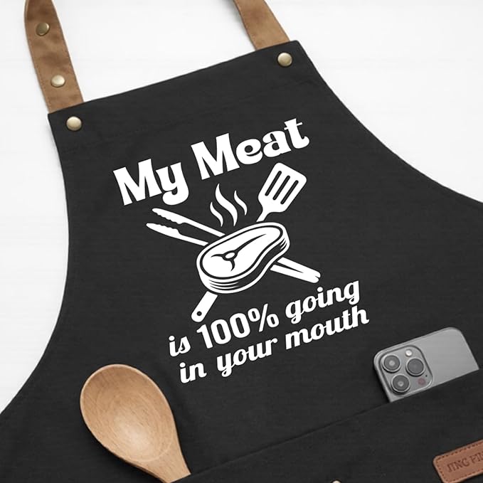 My Meat is 100% Going in Your Mouth Sign Apron with Pockets, Funny Cooking Baking Barbecue Apron Adjustable, Oilproof Ideal Kitchen Supplies, Gifts for Boyfriend Husband Wife