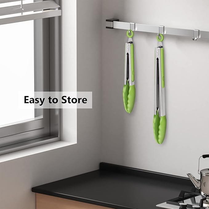 2 Pack Silicone Kitchen Tongs – 9" & 12" Set, Heat Resistant up to 500°F, Non‑Stick Cookware Safe, Wavy Silicone Tips, BPA Free, Locking Clip & Hanging Loop, Light Green - Image 6