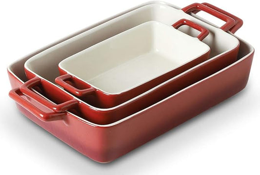 KOOV Bakeware Set, Ceramic Baking Dish, Rectangular Baking Pans Set, Casserole Dish for Cooking, Cake Dinner, Kitchen, Wrapping Upgrade, 12 x 8.5 Inches, 3-Piece (Gradient Red) by KOOV