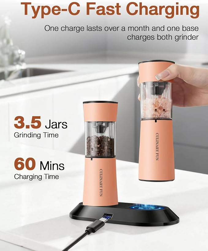 Gravity Electric Salt and Pepper Grinder Set with USB-C Charging Base,Rechargeable Automatic Stainless Steel Pepper Mill Grinder with LED Light, 2pack+Peach Orange (Peach Orange)