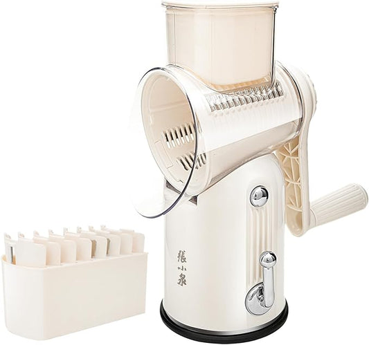 ZHANG XIAO QUAN SINCE 1628 Rotary Cheese Grater, Cheese Shredder with Stable Suction Base, Labor-Saving Vegetable Slicer for Kitchen, Mandoline Slicer & Food Chopper & Kitchen Prep Tool, 5-in-1, Beige