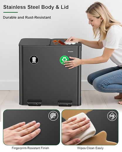 Lovewind 2×11.5 Gallon Dual Trash Can, Stainless Steel Dual Garbage and Recycling Can with Foot Pedal, 90° Stay-Open Lid, Pet-Proof Design – Large Dual Compartment Trash Recycling Bins Kitchen, Black