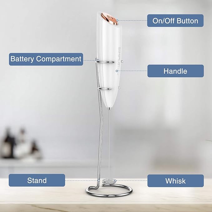 SIMPLETASTE Milk Frother Handheld Electric Foam Maker, Drink Mixer with Stainless Steel Whisk for Cappuccino, Bulletproof Coffee, Latte, White, with Stand, Battery Operated - Image 6