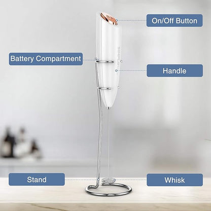 SIMPLETASTE Milk Frother Handheld Electric Foam Maker, Drink Mixer with Stainless Steel Whisk for Cappuccino, Bulletproof Coffee, Latte, White, with Stand, Battery Operated - Image 6