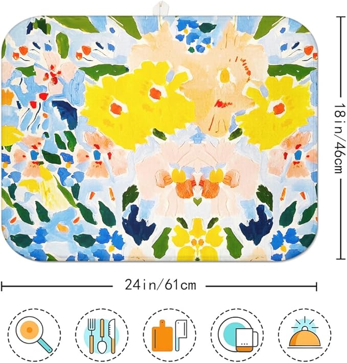 Blue and Yellow Floral Large Dish Drying Mats, Reversible Dish Drying Pads for Kitchen Counter Foldable and Stored in a Drawer,18"x24" Extra Large Draining Mat Protect for Kitchen,Bar Counter - Image 7