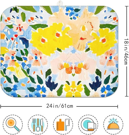 Blue and Yellow Floral Large Dish Drying Mats, Reversible Dish Drying Pads for Kitchen Counter Foldable and Stored in a Drawer,18"x24" Extra Large Draining Mat Protect for Kitchen,Bar Counter - Image 7