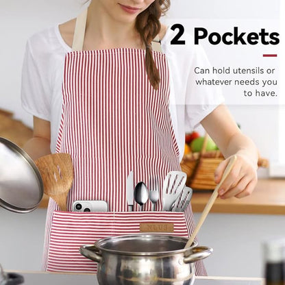 NLUS 2 Pack Kitchen Cooking Aprons, Adjustable Bib Soft Chef Apron with 2 Pockets for Men Women (Black Pinstripes/Pink Pinstripes) - Image 6