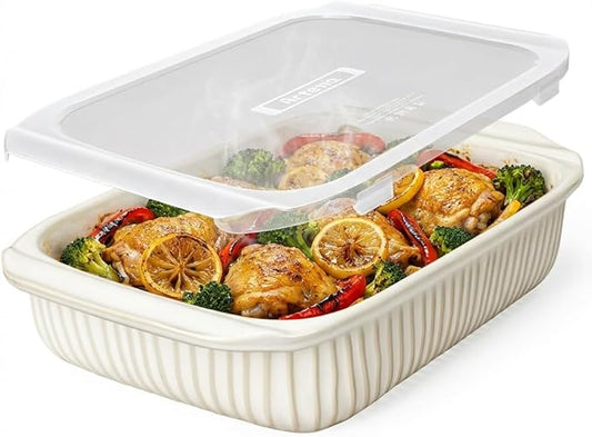 Artena Baking Dish 5.1 Quarts, Casserole Dishes For Oven, Baking Pan With Handles, Lasagna Pan Deep, Large Casserole Dish, Rectangular White Ceramic Bakeware (Baking Dish With Lids) by Artena