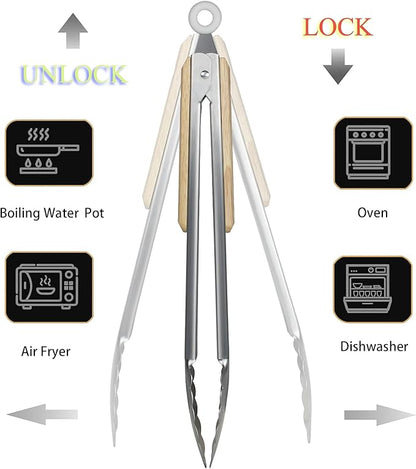 12 & 16 Inch Food Tongs Set, Food Grade Stainless Steel Kitchen Tongs with Long Walnut Wooden Anti-Scald Handle, Heat Resistant Cooking Tongs for BBQ Grilling Baking Frying, Safe for Adults & Kids
