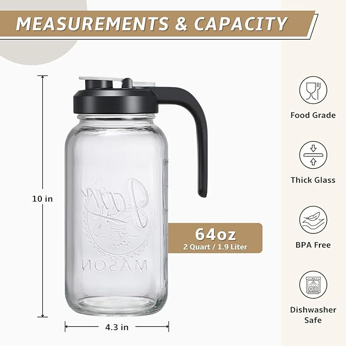 Glass Pitcher with Lid - 2 Quart Mason Jar Pitcher with Filter Lid, Wide Mouth Jar Leak-proof Water Jug, Heavy Duty Container for Water, Juice, Milk, Tea, Iced Coffee, and Drinks - Set of 3 - Image 2