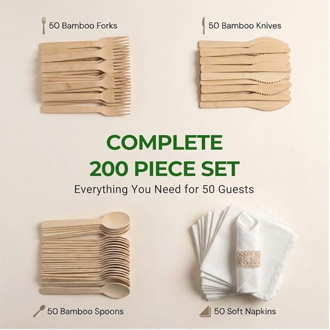Pre Rolled Napkin and Bamboo Cutlery Set - 50 Pack Bamboo Utensils Wooden Cutlery 50 Forks 50 Knives 50 Spoons 50 Napkins, Pre Wrapped Disposable Silverware Cutlery for Party, Wedding, Events