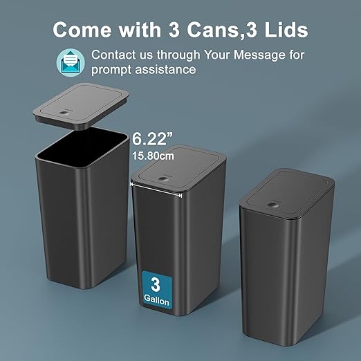 N. NETDOT 3 Pack Small Trash Can with lid, 3 Gallon Bathroom Trash Can,Garbage Can Slim Trash Bin Waste Basket for Bathroom,Kitchen,Bedroom,Living Room,Office,Laundry - Black - Image 5
