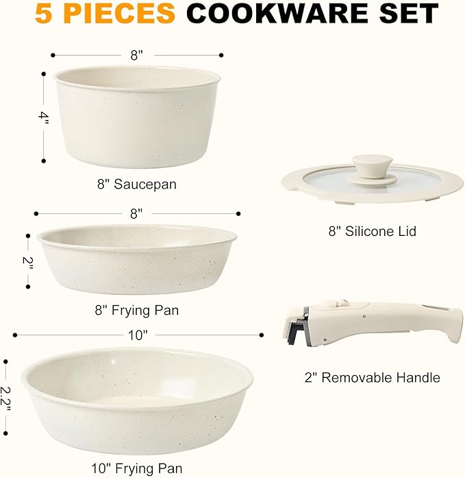 Pots and Pans Set Non Stick, Ceramic Cookware Set Nonstick Frying Pans 5 Pcs-Non Toxic PFAS/PFOA/PTFE Free, with Detachable Handle for RV Kitchen, Induction & Dishwasher Safe Cream White - Image 2