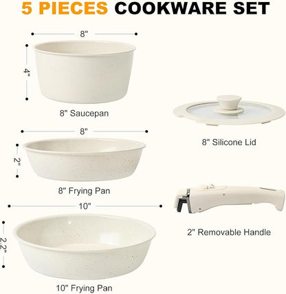 Pots and Pans Set Non Stick, Ceramic Cookware Set Nonstick Frying Pans 5 Pcs-Non Toxic PFAS/PFOA/PTFE Free, with Detachable Handle for RV Kitchen, Induction & Dishwasher Safe Cream White - Image 2