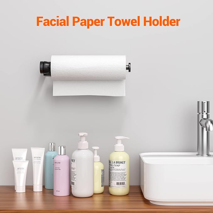 Paper Towel Holder Under Cabinet, Single Hand Operable Wall Mount with Damping Effect, Self-Adhesive or Drilled for Kitchen Bathroom, Black - Image 4