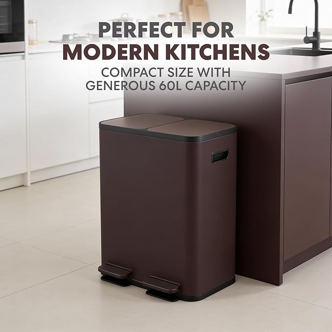 Simpli-Magic 60 Liter / 16 Gallon Rectangular Hands-Free Dual Compartment Recycling Kitchen Step Trash Can with Soft-Close Single Lid, Stainless Steel (30L x 30L Capacity) Brown - Image 6