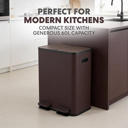 Simpli-Magic 60 Liter / 16 Gallon Rectangular Hands-Free Dual Compartment Recycling Kitchen Step Trash Can with Soft-Close Single Lid, Stainless Steel (30L x 30L Capacity) Brown - Image 6