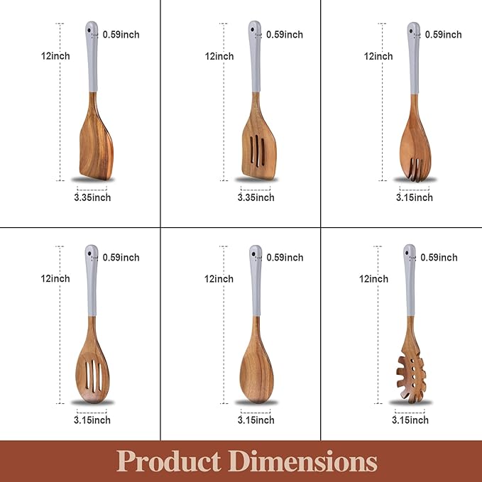 Wooden Spoons For Cooking, 6 Pieces Natural Acacia Wooden Cooking Utensils or Non-Stick Wooden Kitchen Utensil Set for Kitchen Essentials, Wood Cooking Utensils Set with Hanging Hole, Grey - Image 7