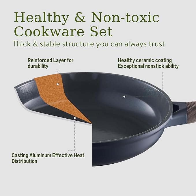 22Pcs Pots and Pans Set Non Stick Non-Toxic Ceramic Cookware Sets Nonstick Kitchen Pot and Pan Set With Lid Gray Granite Induction Compatible with Glass Lids 10" Griddles Frying Pan PFOA/PFOS-Free - Image 3