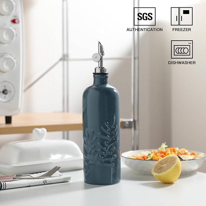 Sweejar 18 Oz Oil Dispenser for Kitchen with Gravity Spout, Ceramic Olive Oil Dispenser Bottle, Relief Opaque Vinegar Container for Evoo, Vinegar, Soy Sauce, Pack of 1(Fogblue, Silver Spout) - Image 2