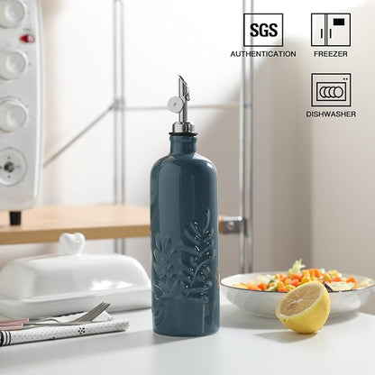 Sweejar 18 Oz Oil Dispenser for Kitchen with Gravity Spout, Ceramic Olive Oil Dispenser Bottle, Relief Opaque Vinegar Container for Evoo, Vinegar, Soy Sauce, Pack of 1(Fogblue, Silver Spout) - Image 2