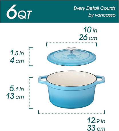 vancasso 6 QT Enameled Cast Iron Dutch Oven With Lid - Round Blue Pot With Non-Stick Enamel Coating for Bread Baking