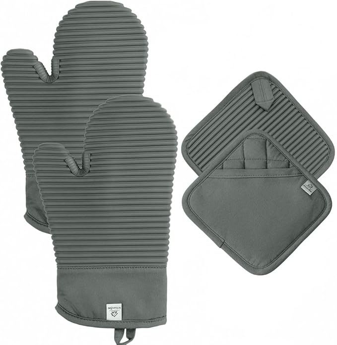 Extra Long Silicone Oven Mitts and Pot Holders Sets | Heat Resistant 500°F BPA-Free Food Grade Silicone Hot Pads & Kitchen Mittens | 4-Piece Set of Oven Gloves & Potholders for Kitchens- Gray by AH+Artisan+Home