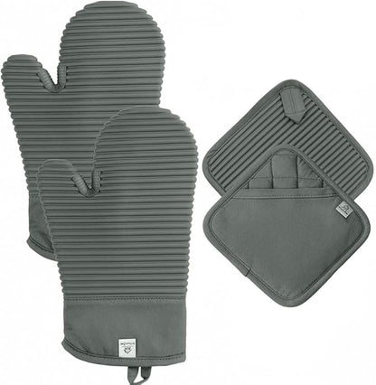 Extra Long Silicone Oven Mitts and Pot Holders Sets | Heat Resistant 500°F BPA-Free Food Grade Silicone Hot Pads & Kitchen Mittens | 4-Piece Set of Oven Gloves & Potholders for Kitchens- Gray by AH+Artisan+Home