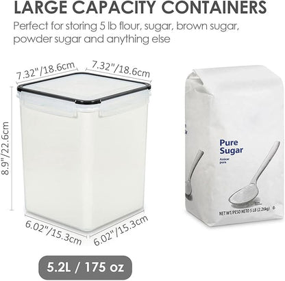 Vtopmart 4 PCS Large Food Storage Containers 5.2L / 175oz, 4 Pieces BPA Free Plastic Airtight Canisters for Flour, Sugar, Baking Supplies, Rice with Lids, 4 Measuring Cups and 24 Labels, Black - Image 2