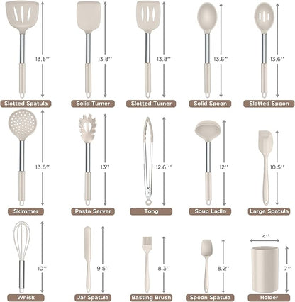 Onader Silicone Cooking Utensils Set of 15, Kitchen Utensils Set with Holder for Nonstick Cookware, 446°F Heat Resistant Stainless Steel Handle - Khaki - Image 2