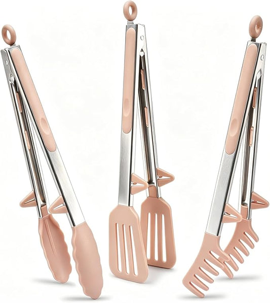Tongs for Cooking, 12" Kitchen Tongs with Silicone Tips, Food Grade Serving Tongs Set of 3, Pink by TOWINGO