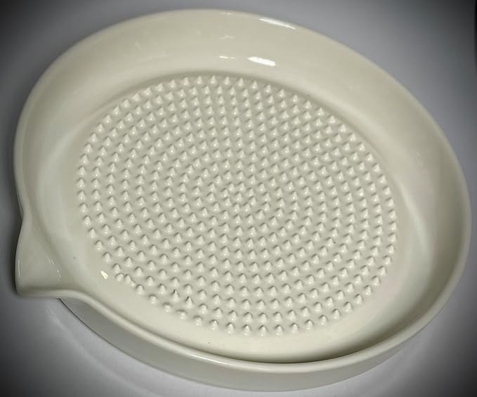 BonCera, Premium Ceramic Garlic Grater Plate 3-Piece Set - White Modern Design and Style - For Garlic, Ginger, Chocolate, and more! - Comes with 6.5" Plate, Peeler, and Brush