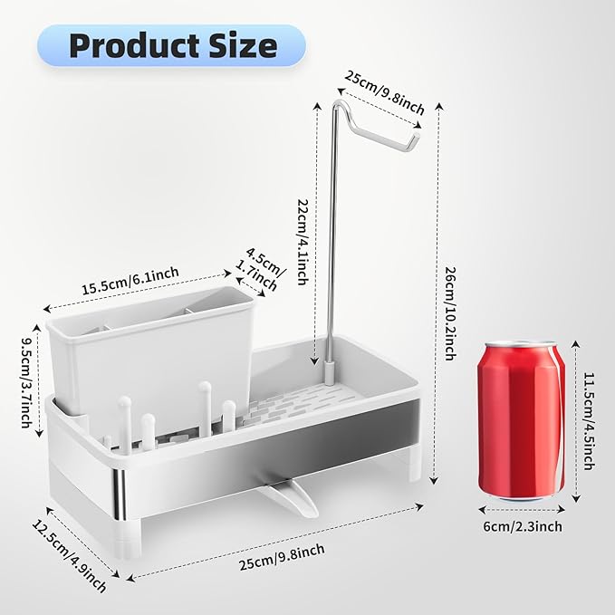 Ewaiira Stainless Steel Sink Caddy, Sponge Holder for Kitchen Sink with Brush Holder & Dishcloth Rack, Rustproof Sink Organizer Countertop, Kitchen Organizers Storage Essentials (E-White 9.8″) - Image 6