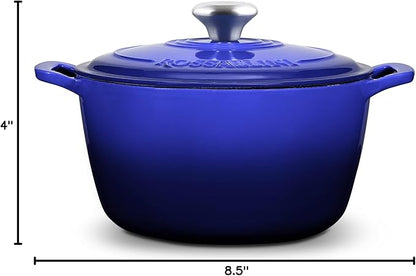 ROSSALLINI Signature Enameled Cast Iron Dutch Oven, Non-Stick Serving Pot with Tight Fitting Lid for Perfect Roasting, Baking, Sauteing, and Bread Making | 3.5Q (3.3L) - Indigo Blue