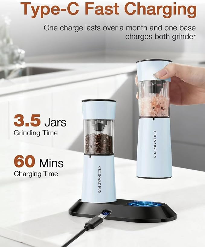 Gravity Electric Salt and Pepper Grinder Set 2-Pack - USB-C Rechargeable Base, Auto LED Light for BBQ/Camping, Adjustable Coarseness & Large Capacity - Stainless Steel (Morning Haze)