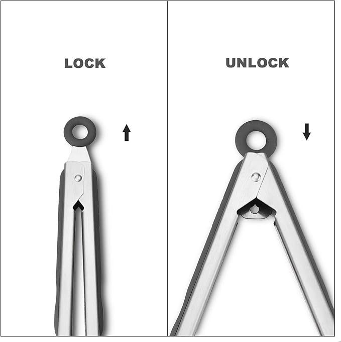 Premium 304 Stainless Steel Tongs Set – 12" Grill Tongs & 9" Cooking Tongs, Heat Resistant up to 600°F, Wavy Grip Head, Non‑Slip Handle with Locking Clip & Hanging Loop, Dishwasher Safe, Grey - Image 4