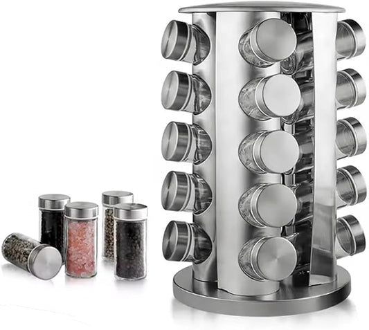 Revolving Spice Rack with 20 Jars, Rotating Spice Rack Organizer with Labels, Polished Stainless Steel with Black Caps, Stainless Steel Spice Carousel for Kitchen Countertop, Cabinet