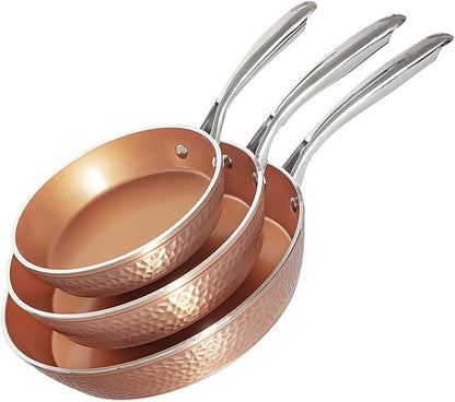 Gotham Steel Hammered Frying Pan Set, 3 Piece Nonstick Copper Fry Pans, 8”, 10” & 12” Skillet, Omelet Pan, Cookware, PFOA Free, Dishwasher Safe, Cool Touch Handle by GothamSteel