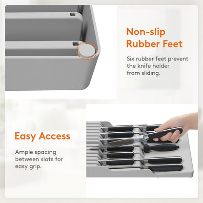 Lifewit Magnetic Drawer Knife Organizers Insert, Kitchen Plastic In Drawer Knife Block Slots, Steak Chefs Knives Holder Storage Sets for 12 Knives and 1 Sharpening Steel, Large, Gray