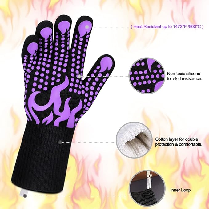 Comsmart BBQ Gloves, 1472 Degree F Heat Resistant Grilling Gloves Silicone Non-Slip Oven Gloves Long Kitchen Gloves for Barbecue, Cooking, Baking(Purple) - Image 4