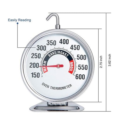 Oven Thermometer Extra Large 3" with Easy-Read Dial | 150-600F Pro Accurate Temp Gauge for Kitchen, Baking, Grill & Meat | Hang or Stand for Gas/Electric Ovens